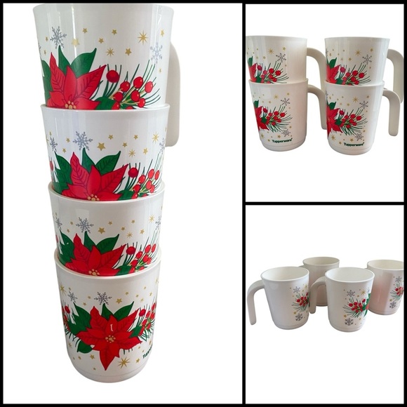 4 Tupperware Ilumina Poinsettia Festive Holiday Stackable Mugs Red White 350ml - Picture 1 of 14